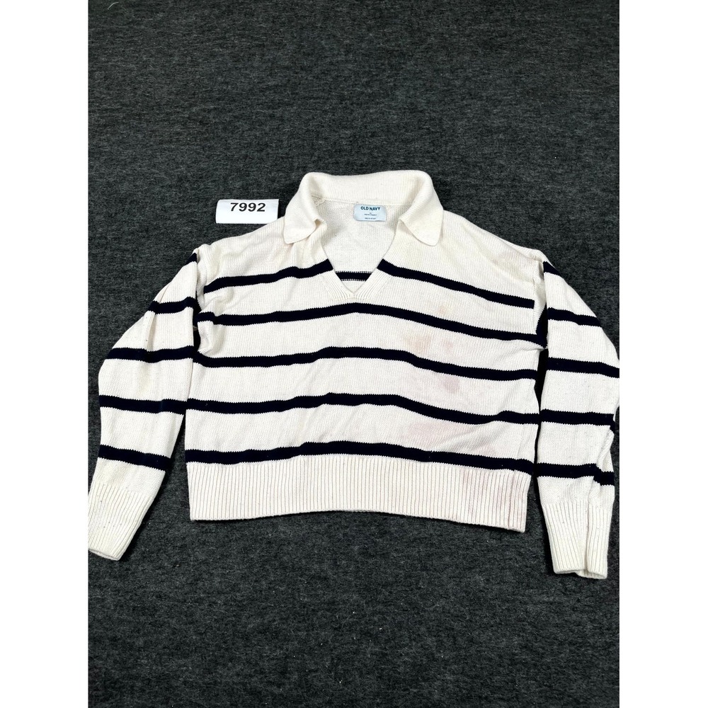 Old Navy Cropped Sweater Womens‎ Medium White Black Striped Tight Knit Winter